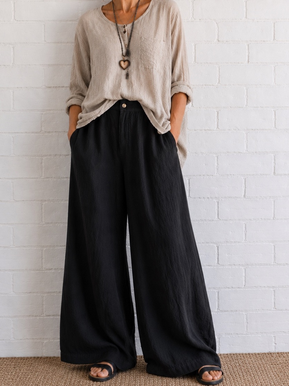Black Cotton Linen Super Wide Leg Pants XL High Rise Lagenlook Artsy Boho